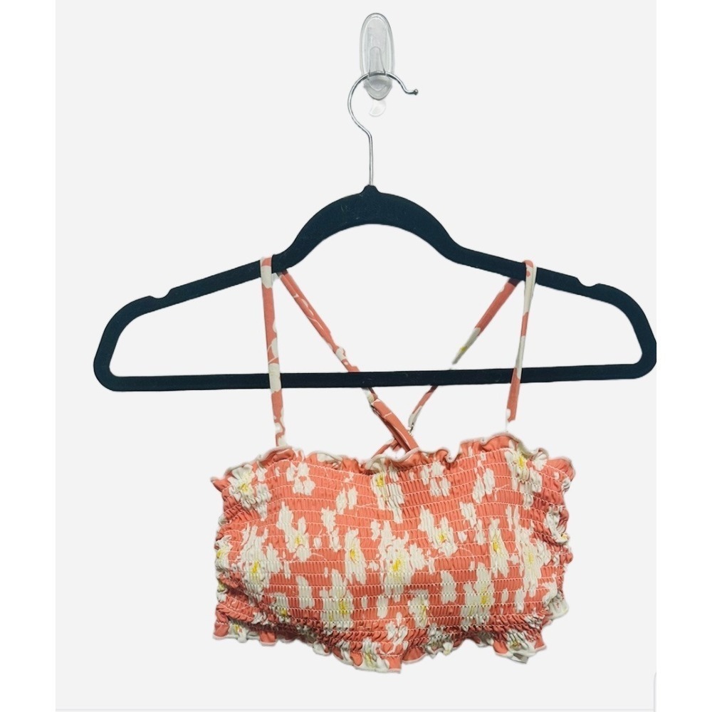 Cupshe Smocked Orange Floral Bandeau Bikini Bathing Suit Top Size Small - Picture 3 of 7